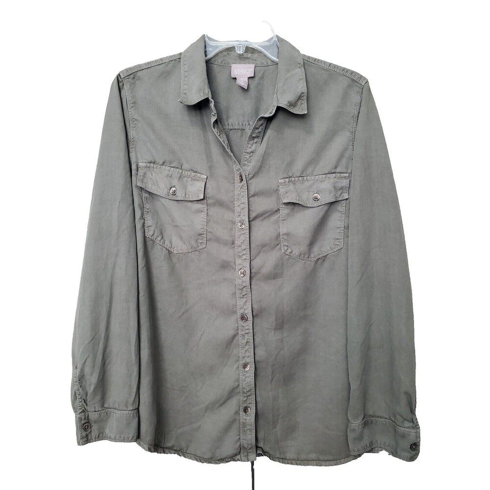 Chico's Green Lyocell Soft Washed Femme Utility Button-Up Shirt Size 2 Large
